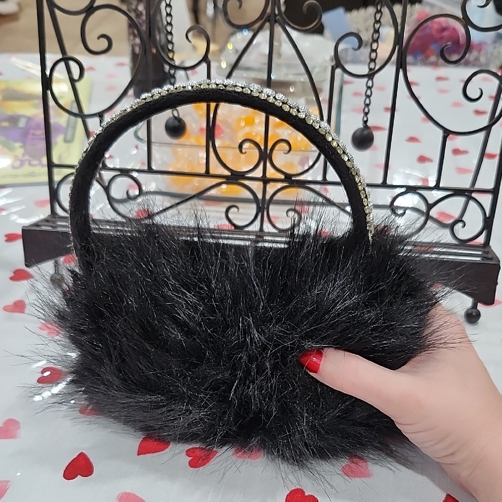 BLACK FAUX FUR EAR MUFFS with RHINESTONE ACCENTS